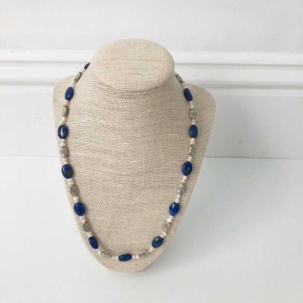 NWT Genuine Lapis Lazuli, Pearls & Metallic Beads Necklace Blue Silver White